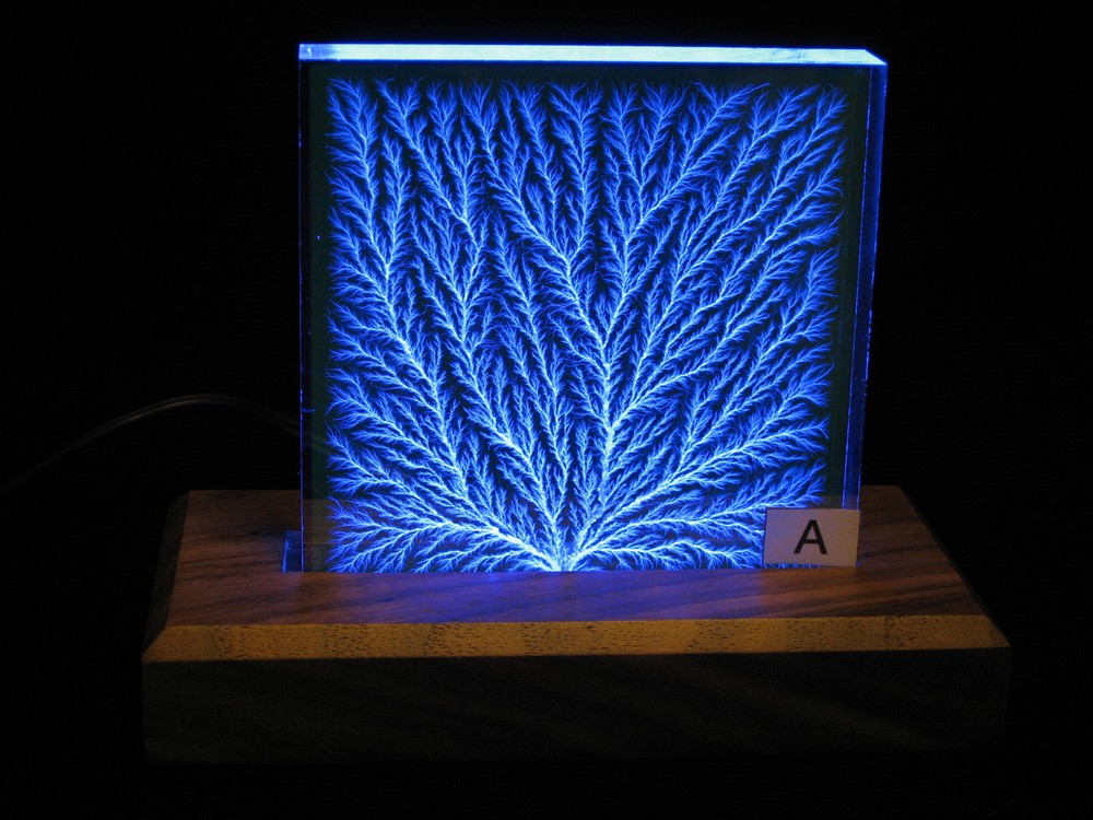 4" x 4" x 1" Captured Lightning Lichtenberg Figure Tree & Walnut Lighted Base