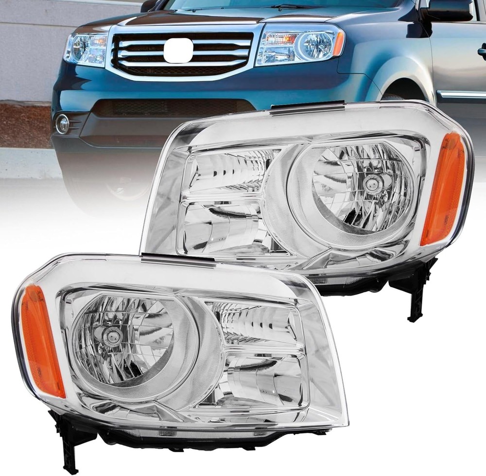 Honda Pilot 2012-15 Headlight Assembly Halogen Chrome Amber Pair Replacement
