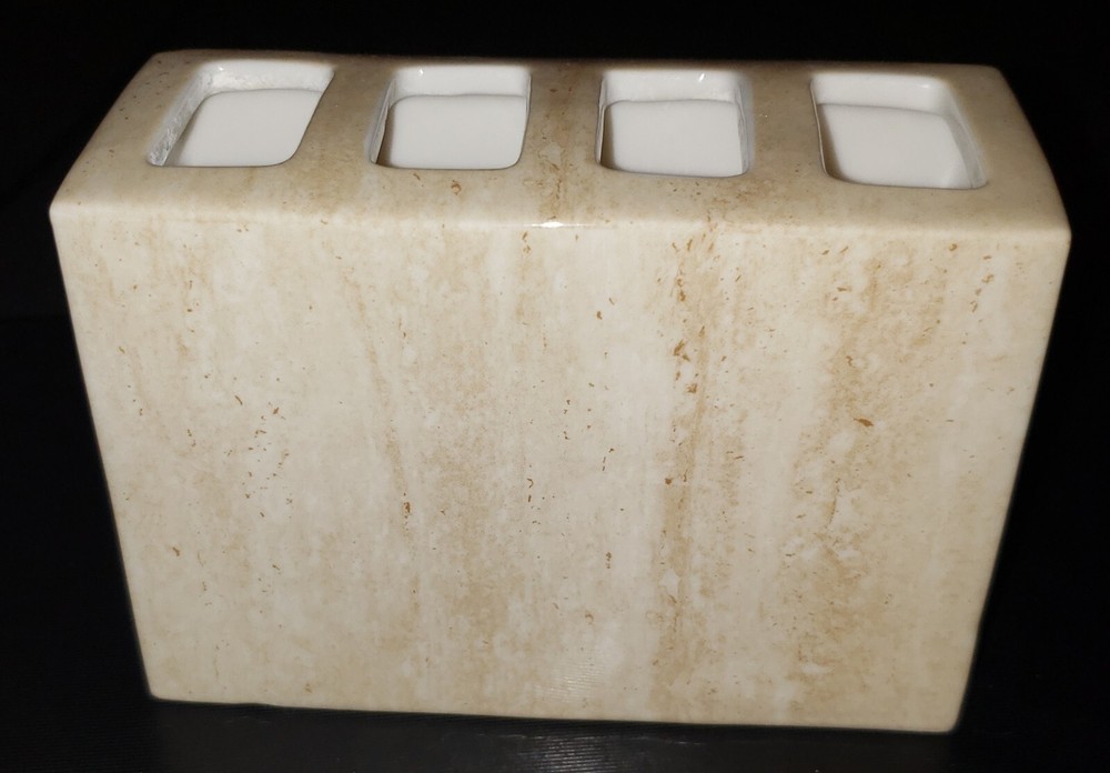 TOOTHBRUSH HOLDER, Cerami 4 Slots Beige Rectangular 5" x 3.5" x 2"