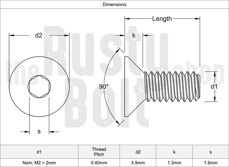 M2 x 5mm, Socket Flat Head Screws, 10.9 Steel, Black, Countersunk