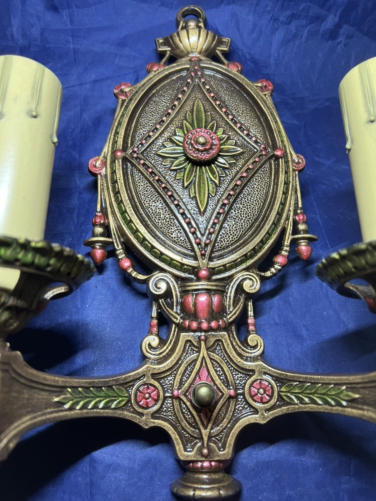 Pair Antique Polychrome Two Arm Sconces Beautiful Rewired 66C