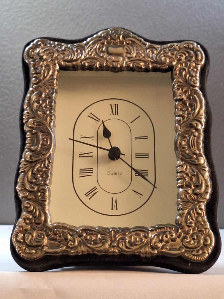 Vtg Silver Framed Quartz Clock Scrolled Design Tabletop