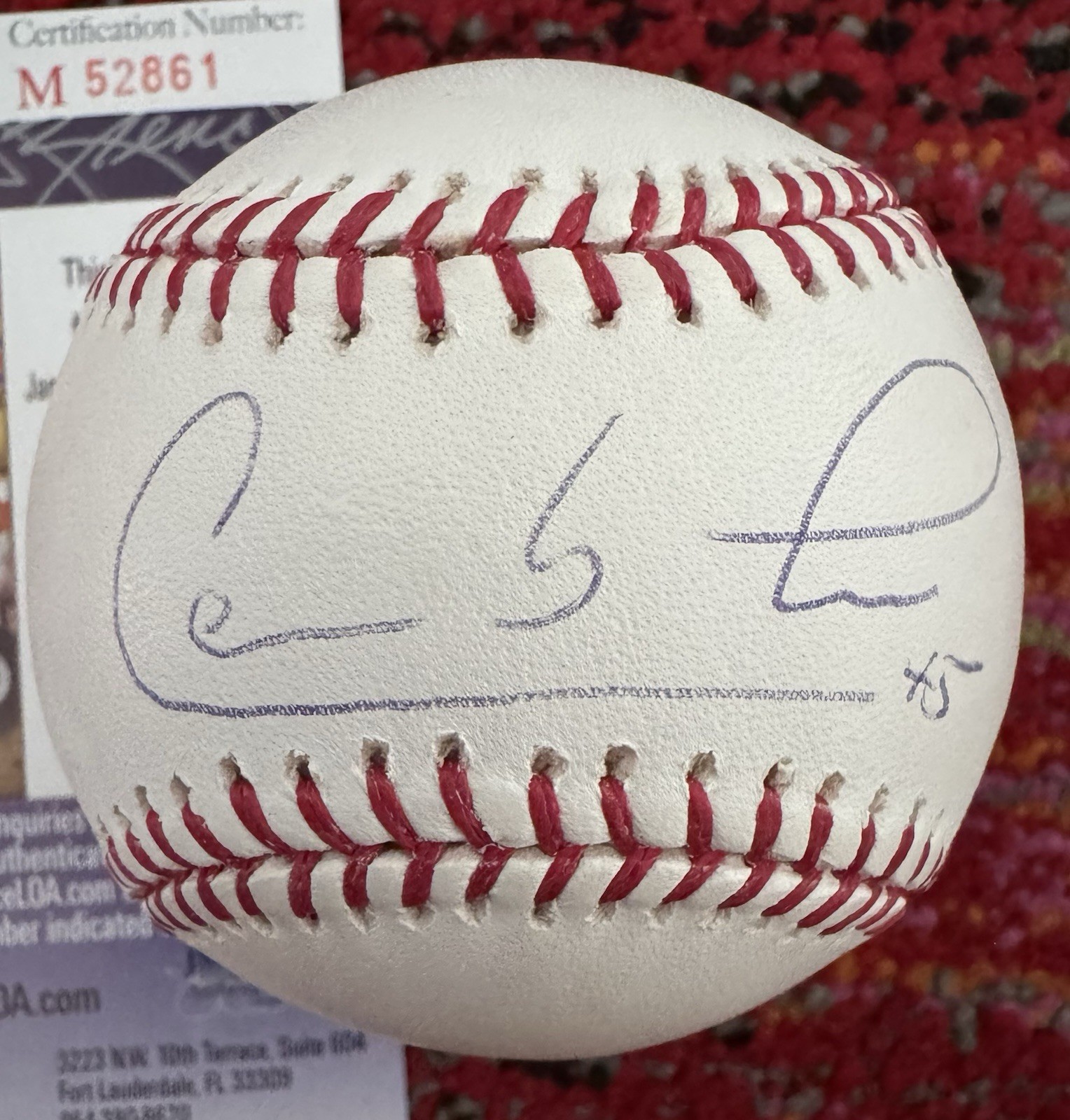 Carlos Lee “45” Autographed OMLB Selig JSA Authentication