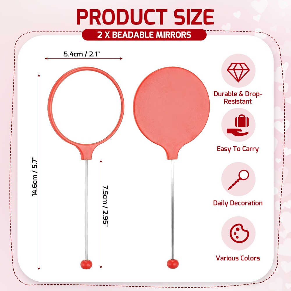 2 Pack Beadable Mirrors with Handle, 5.7 Inch Long Bead Mirror (Red)