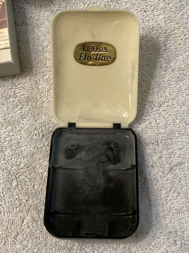 VINTAGE RONSON FLO-LINE CHROME LIGHTER BAKELITE CASE AND BOX NO LIGHTER