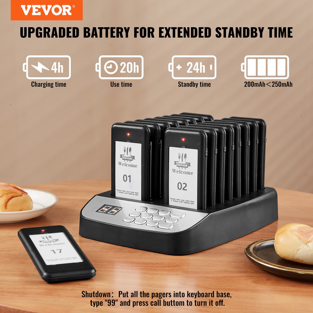 VEVOR Restaurant Wireless Guest Paging System 16 Beepers Queuing Calling Pagers