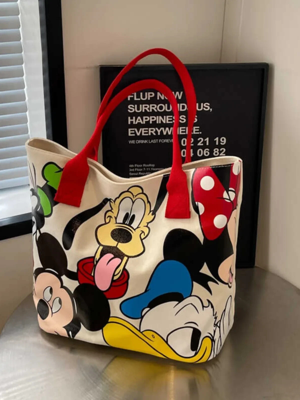 Disney Tote Bag With  Zipper-Mickey,Pluto,Donald Goofy,Minnie-Canvas Red
