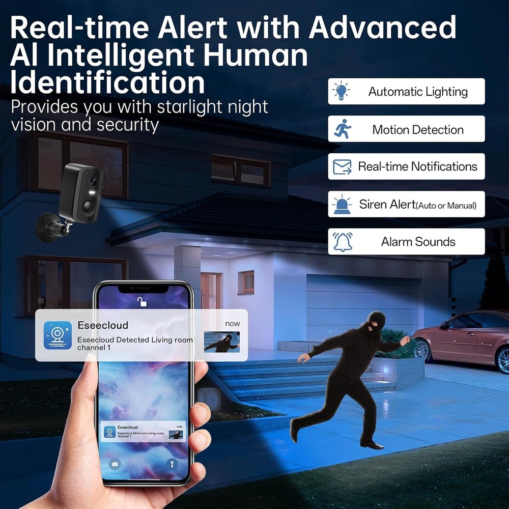 2K Wireless Solar Camera Outdoor Security Camera Battery-Powered Camera for Home