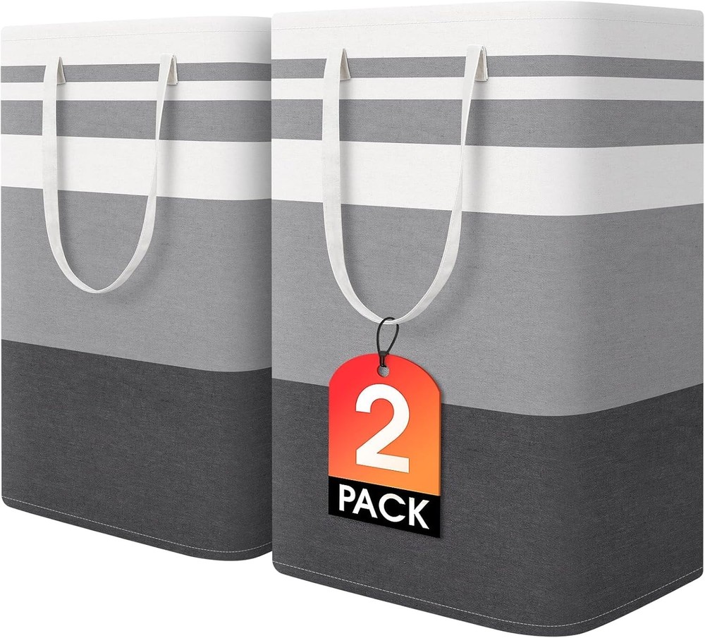 2 Pack Large Laundry Baskets, Waterproof, Freestanding Laundry Hampers, Colla...