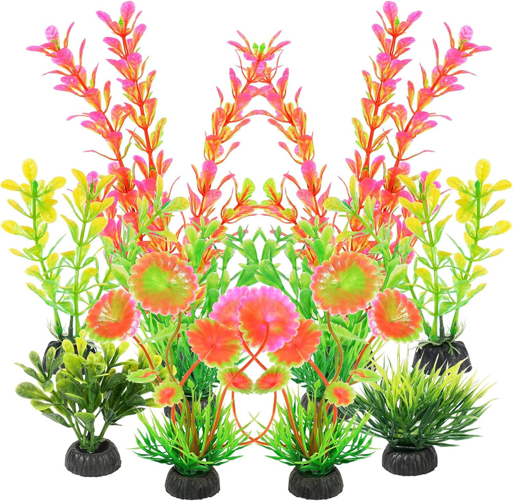 Artificial Fish Tank Plants, Plastic Aquarium Decorations, Pink Accessories, 10P