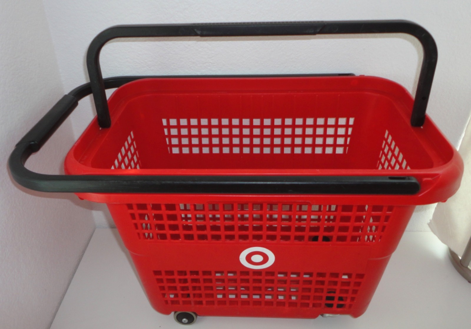 TARGET Red Rolling Shopping Basket Cart w/ Wheels & 2 Handles Bullseye Logo