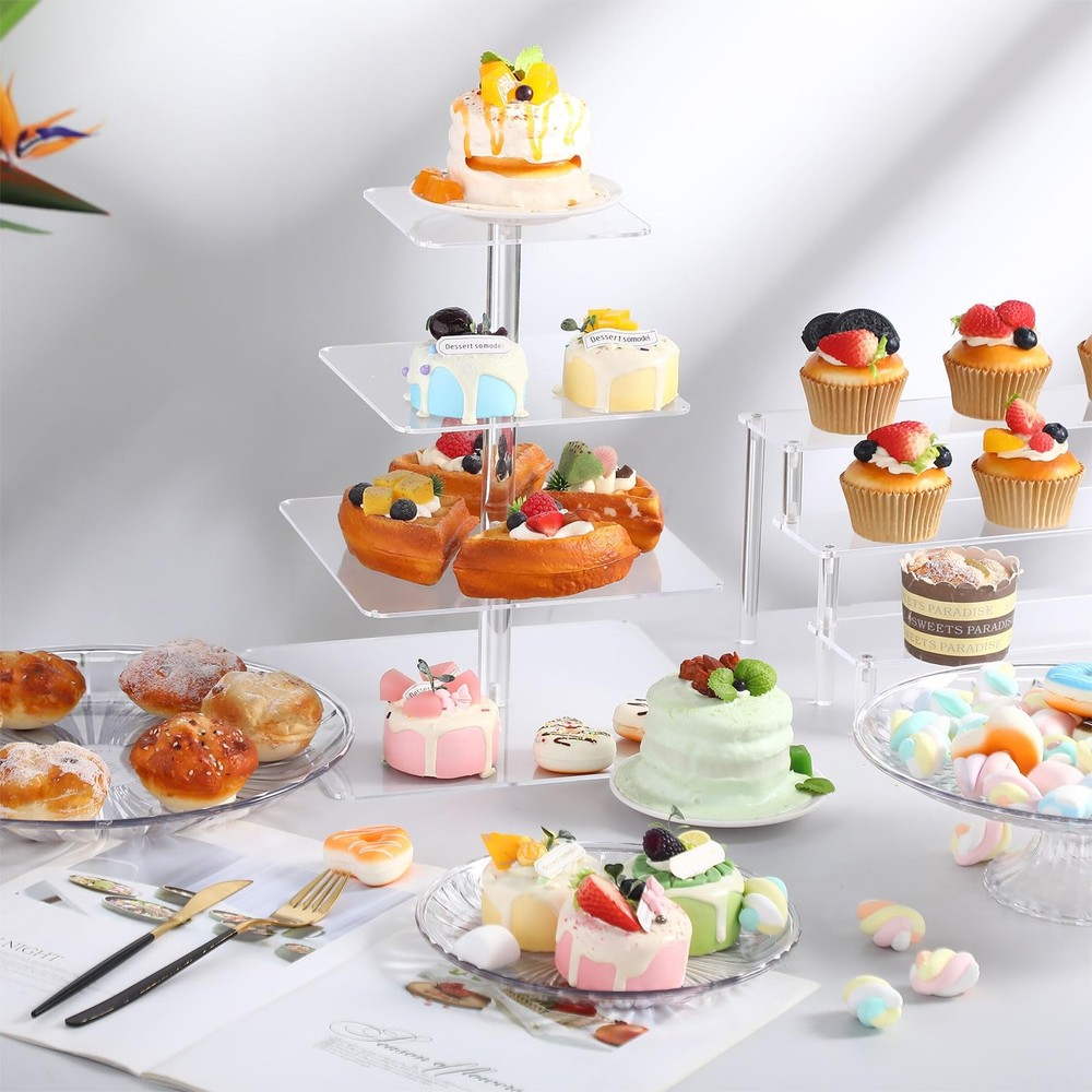 6 Pcs Acrylic Cake Stands Set Include 2 Display Risers 1 Pcs 4 Tier Cupcake T...