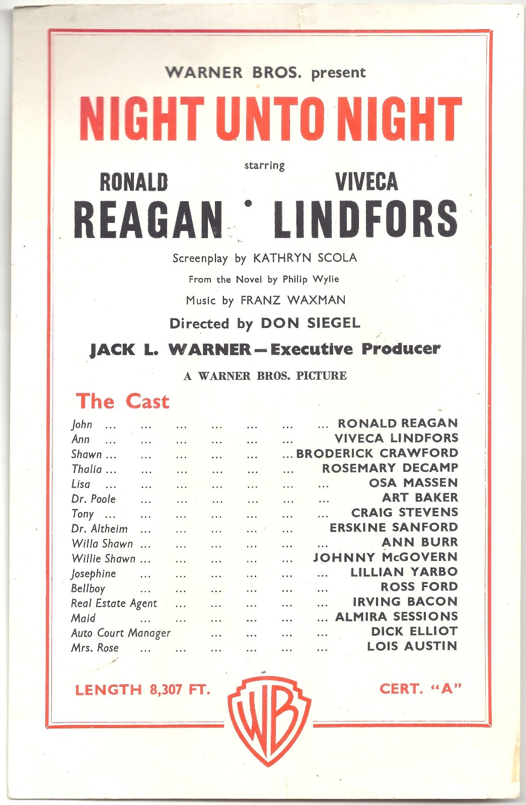 1949 NIGHT UNTO NIGHT Movie Herald ~ RONALD REAGAN Viveca Lindfors 2-Sided