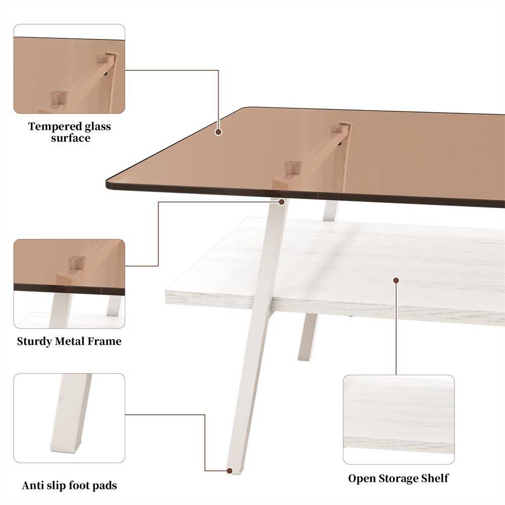 Brown Tempered Glass Rectangular Coffee Table Have Storage Shelf Function