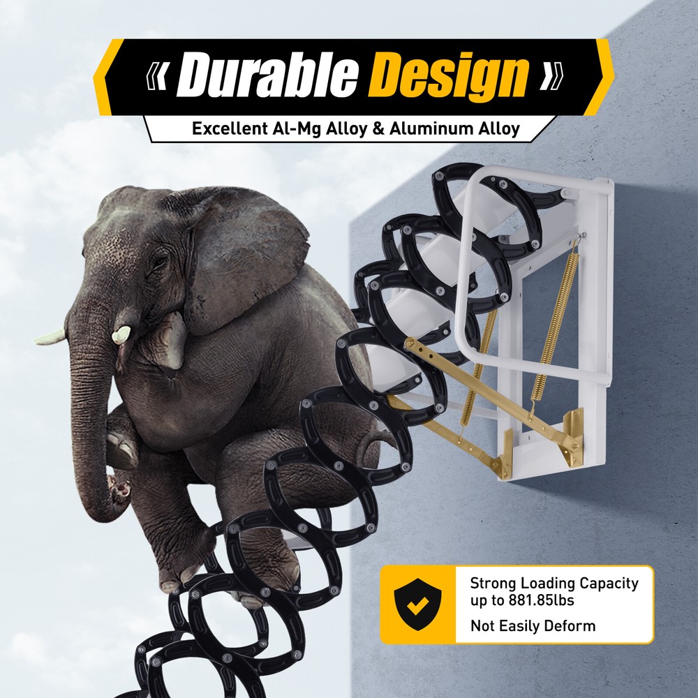 12 Steps Wall Mounted Folding Ladder Loft Stair Attic Steps Pull Down 882lb Load