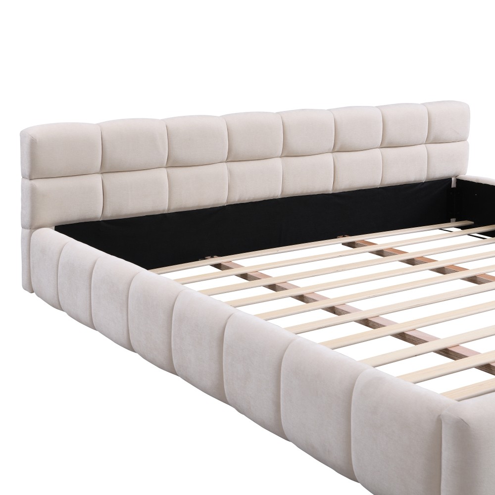 King Size Chenille Upholstered Bed w/ Checkerboard Headboard, Beige