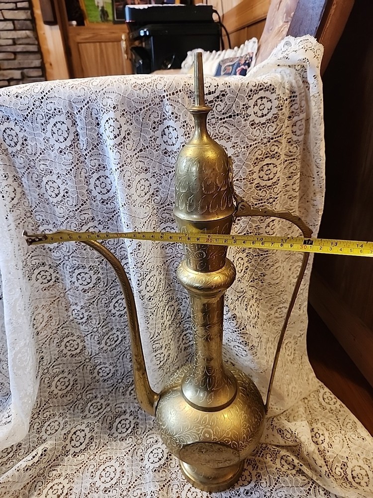 Large Etched Antique Middle Eastern Solid Brass Tea Coffee Pot Pitcher Vase 18IN
