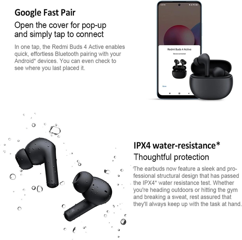 Xiaomi Redmi Buds 4 Active TWS Wireless Earbuds, Bluetooth 5.3 Low-Latency BLACK