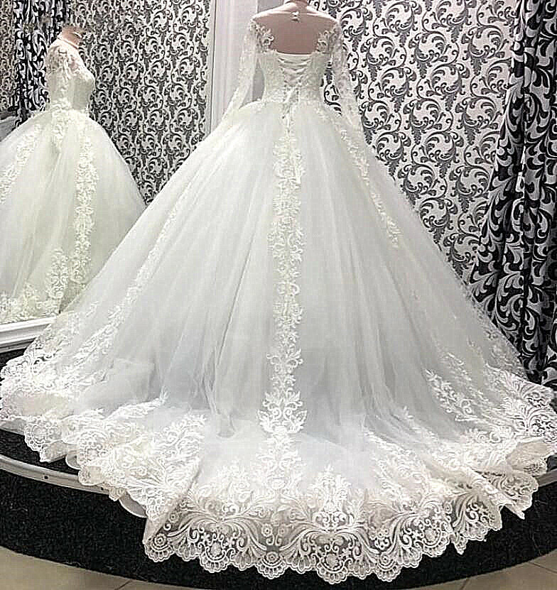 Long Sleeves Wedding Dresses Lace Appliques Court Train Bridal Gowns Custom Size