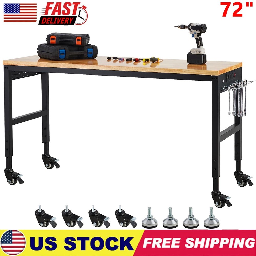 Adjustable Height Workbench 72"L x 25"W Work Bench Table w/ Power Outlets 2000 L