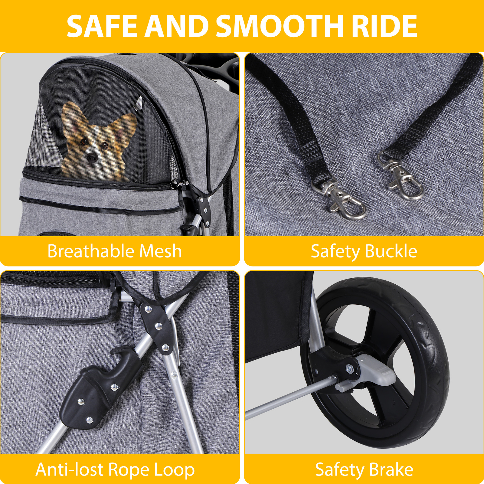 Foldable Carrier Strolling Cart 4 Wheel Pet Stroller for Dog w/ Cup Holder Gray