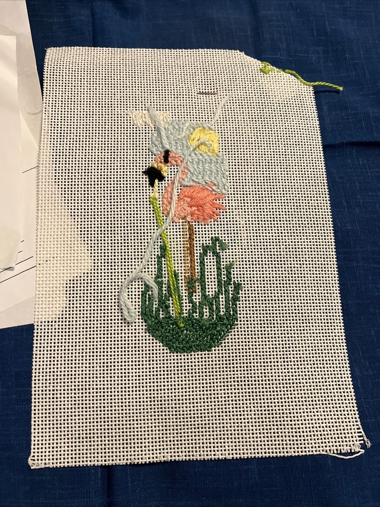 Flamingo Beach Sandal mostly completed Needle Point Canvas E889 Flip Flop 3"x6"