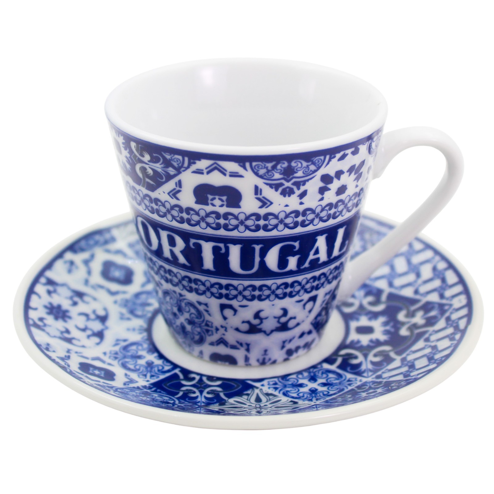Portuguese Azulejo Espresso Cup & Saucer Set - Blue Tile Design, Set of 2