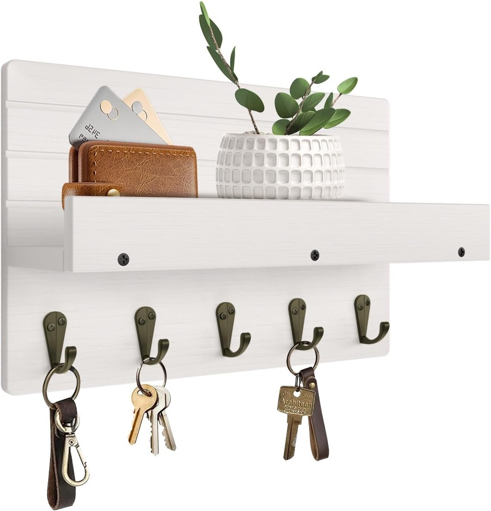 Wall Mounted Key Holder with Shelf & 5 Hooks - Decorative Mail Organizer Decor