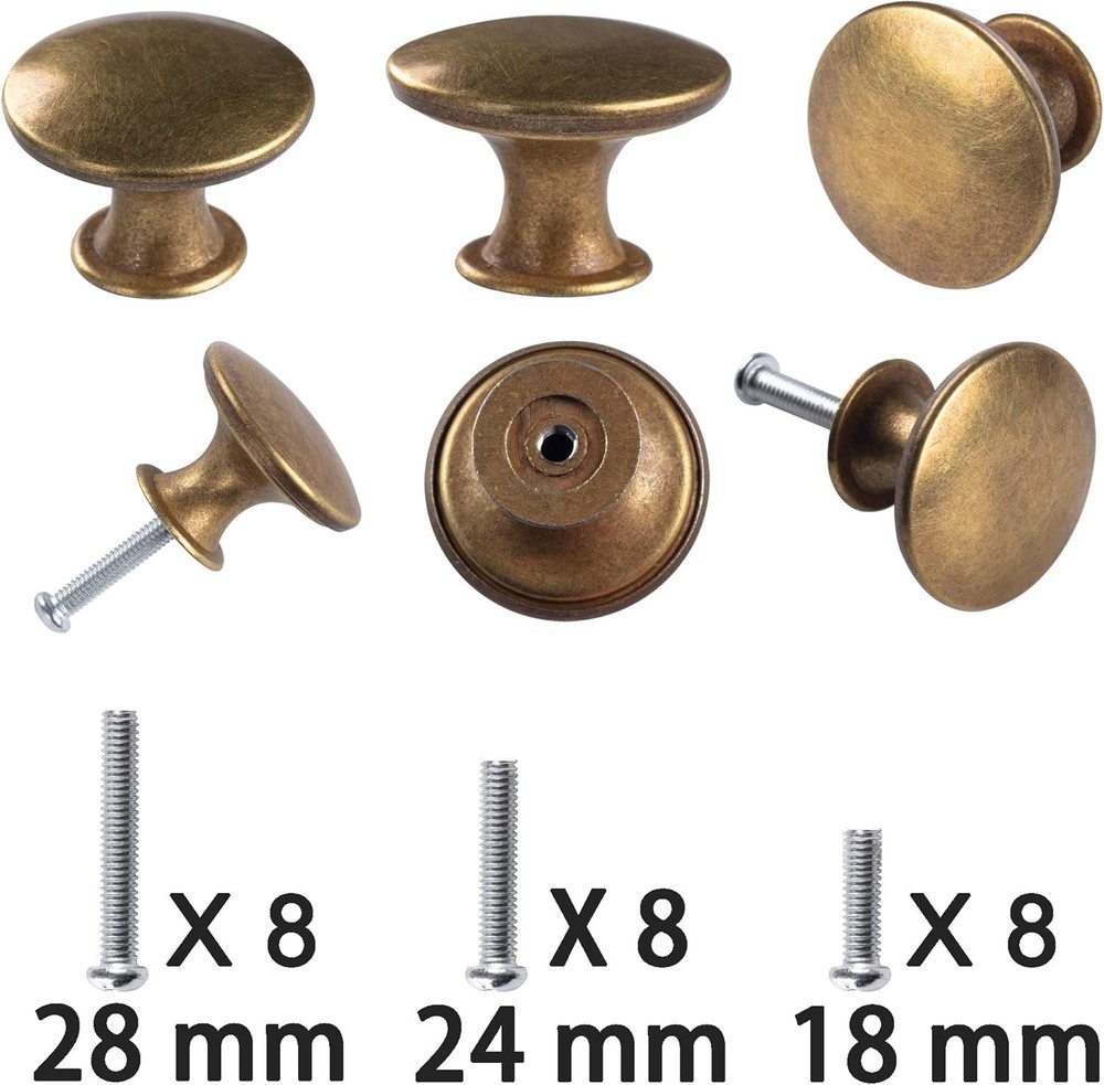 8 Pack Antique Brass Drawer Knobs Vintage Round Cabinet Pulls 1.18 Inch