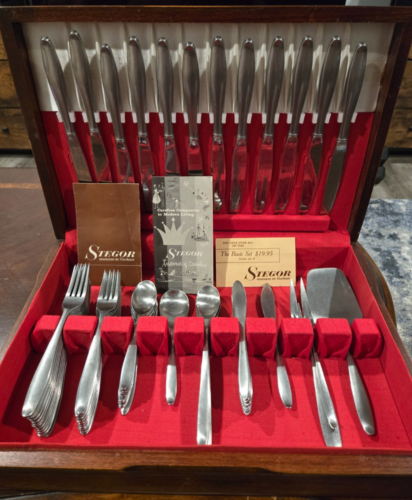 Stegor Stainless Gorham PACE 54pc Flatware Set w Box & Papers Mid Century