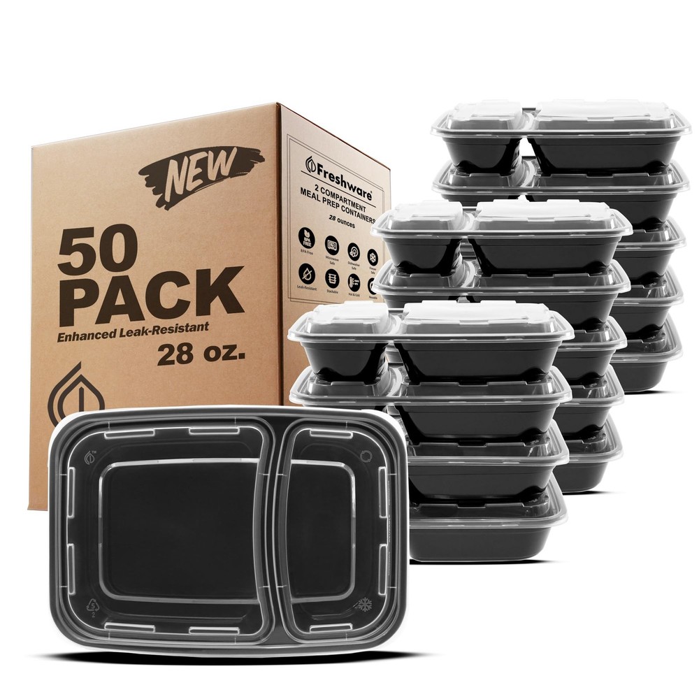 Freshware Meal Prep Containers [50 Pack] 2 Compartment 2-COMP-50PK, Black