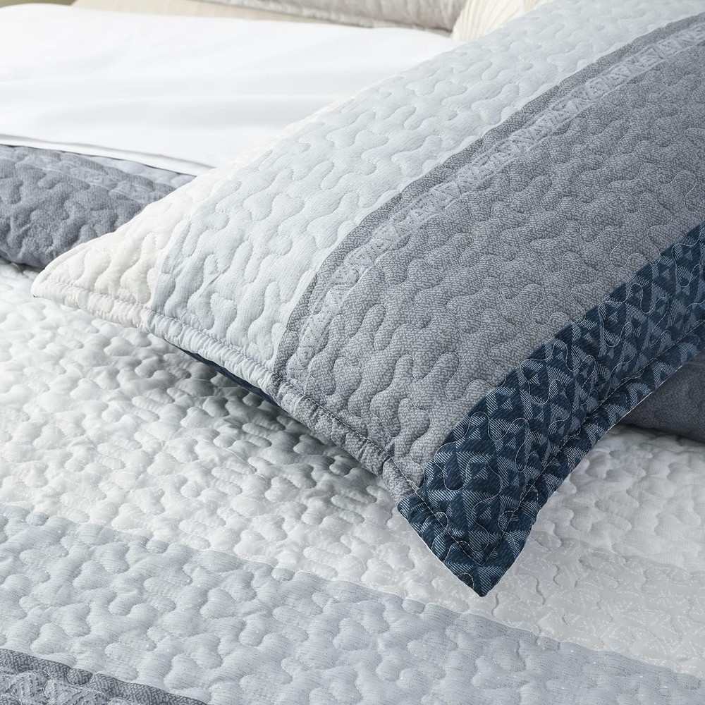 Striped Quilt Set King Size 3Pcs Blue & Navy Striped Patchwork Pattern All
