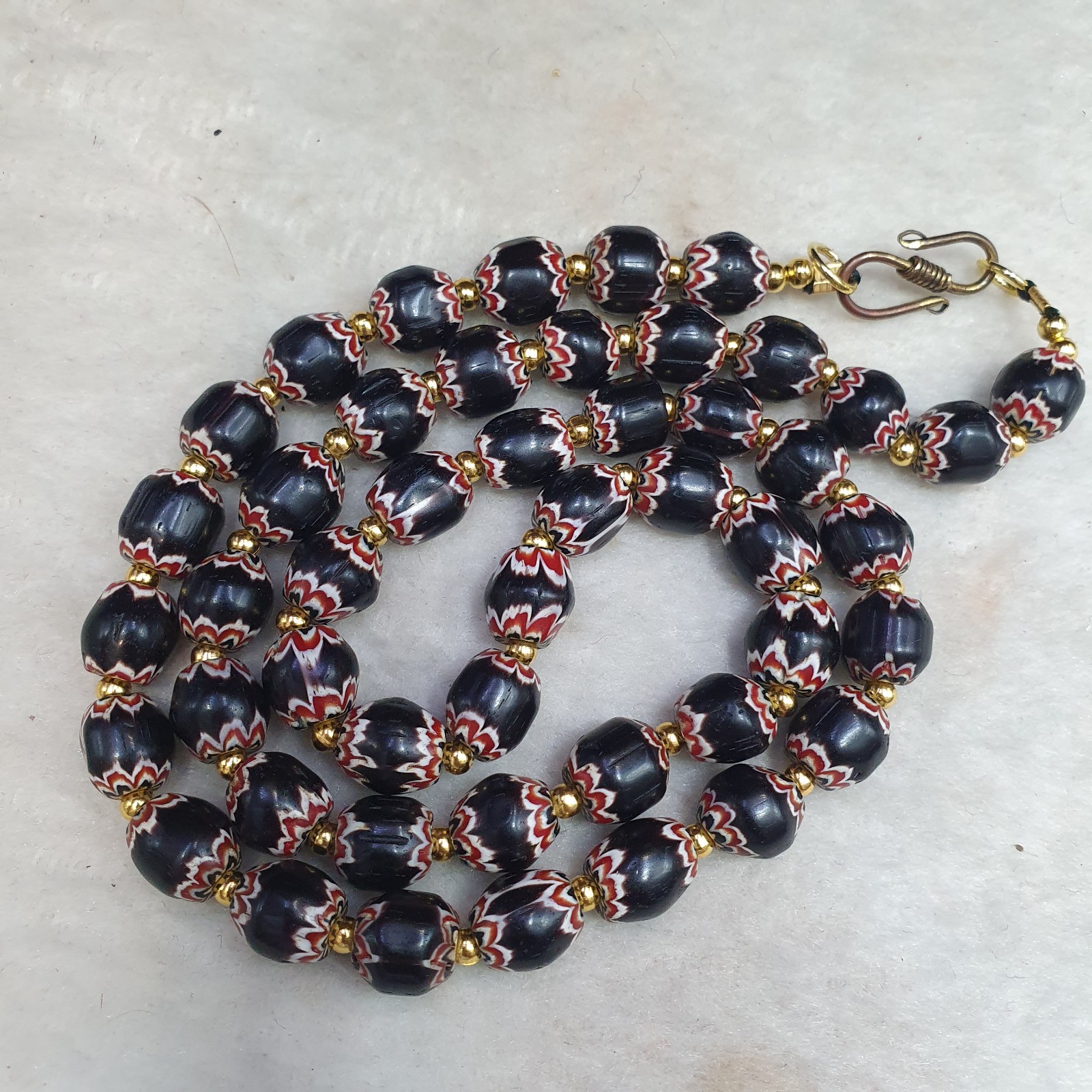 Vintage Venetian Style beads Old African black Glass Chevron Beads Long Strand