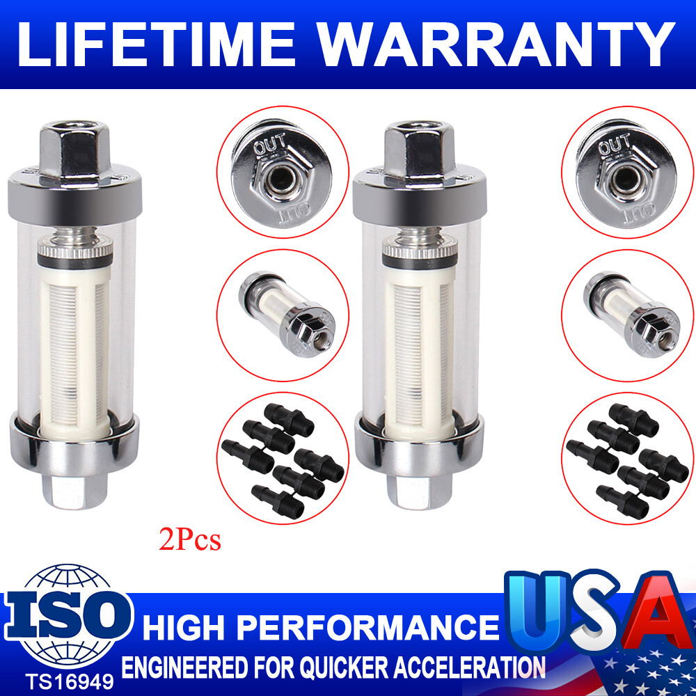 2Pcs Universal 1/4" 5/16" 3/8" Chrome Glass Reusable Washable Inline Fuel Filter