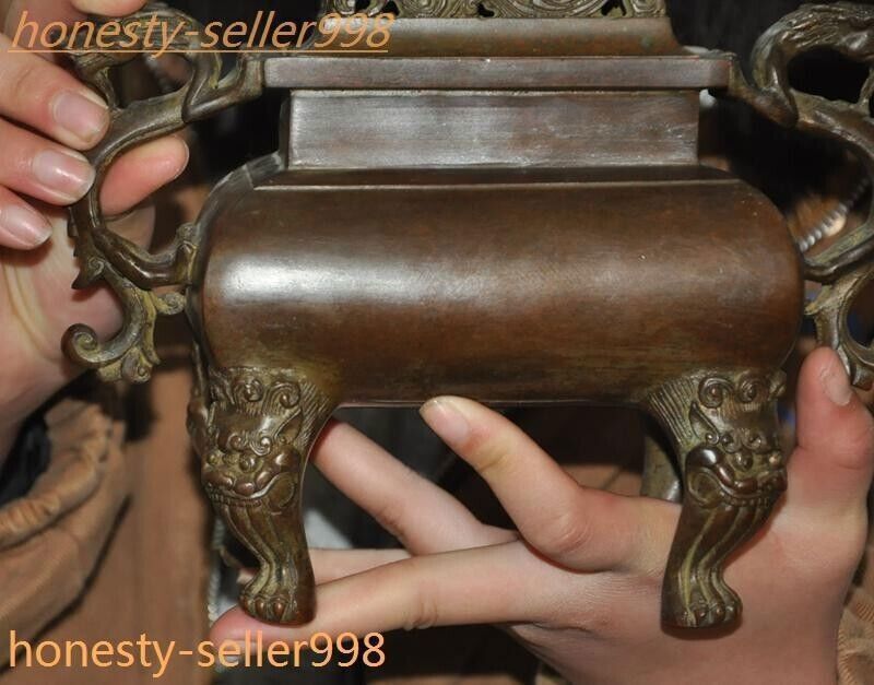 8.6" Ancient Chinese Pure bronze dragon loong beast statue Incense burner censer