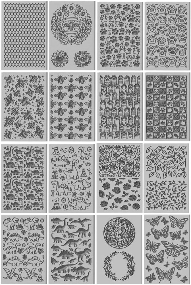 16 Pcs Animals Flowers Pattern Polymer Clay Texture Sheet Bees and Cats Patterns