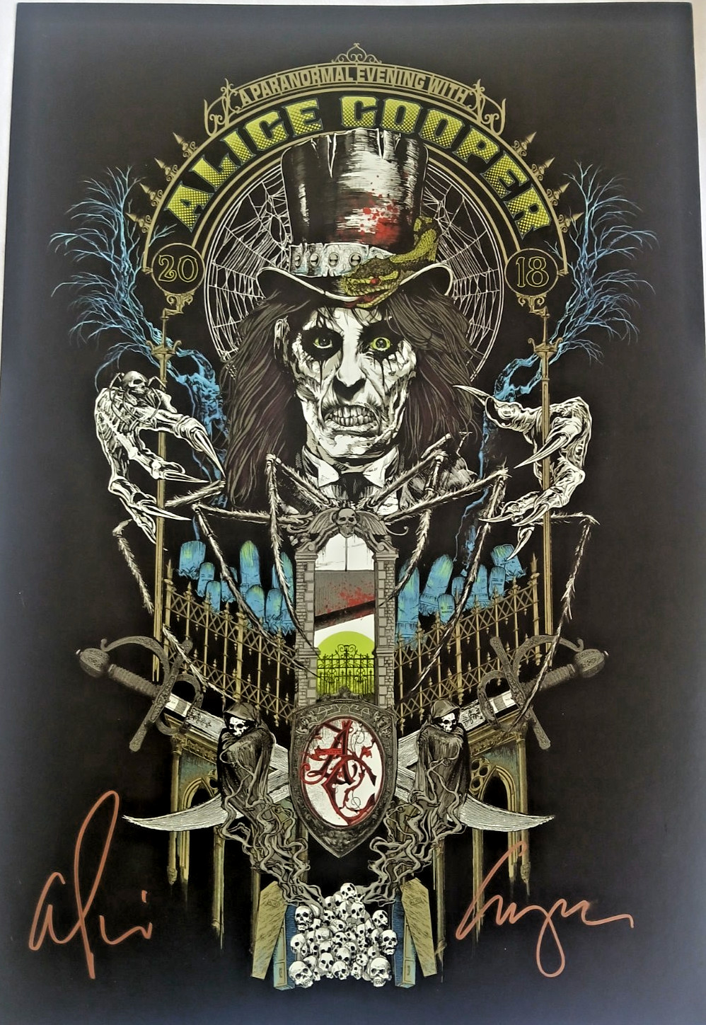 Alice Cooper Hand Signed concert poster and Backstage Pass Paranormal Tour 2018