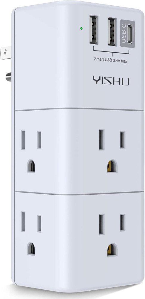 USB Multi Plug Outlet Extender Surge Protector with Rotating Plug, 6 AC Plug Ext