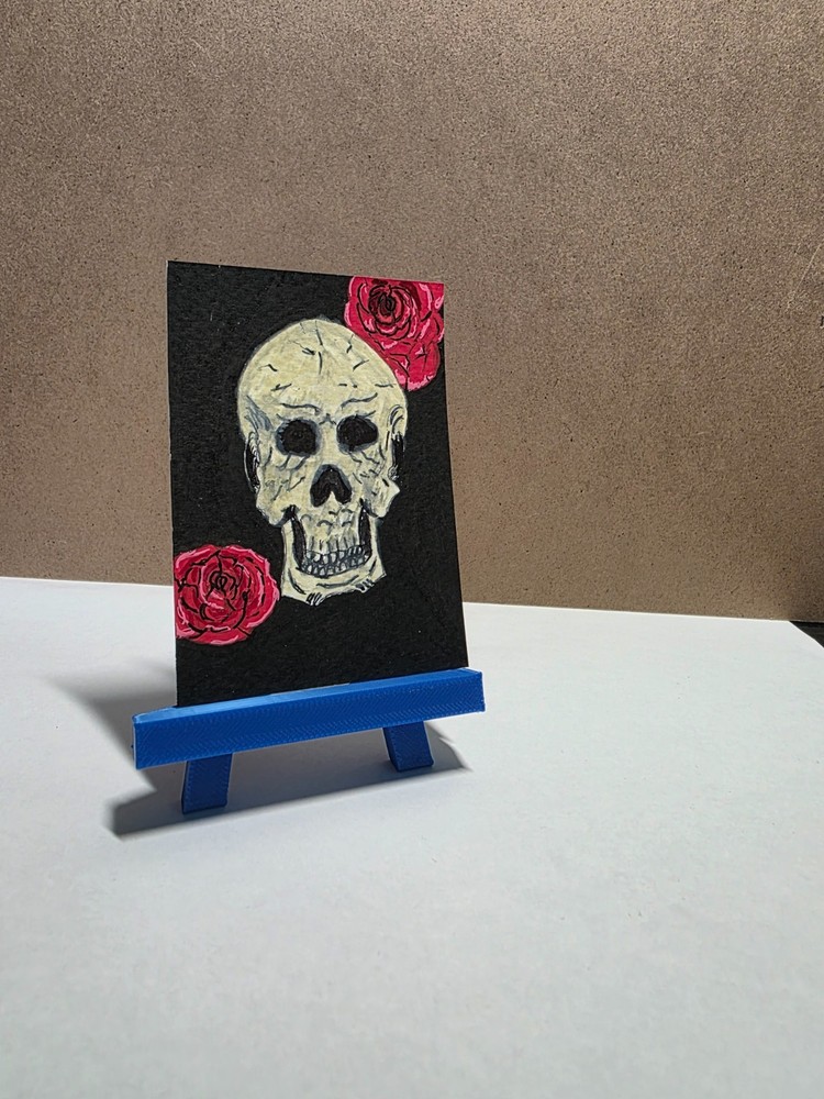 ACEO original skull, rose, by Mindy Matthews