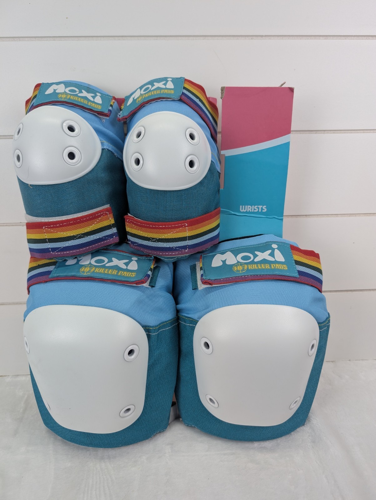 Moxi 187 Killer Pads Roller Skate Pad Set Knee Elbow Blue Rainbow Stripe