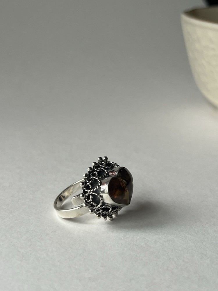 Amber Heart Ring 925 Sterling Silver Adjustable Artisan Statement