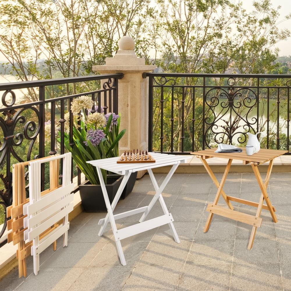 Small Solid Wood Folding Side Table 2-Piece Set White Portable Patio Outdoor