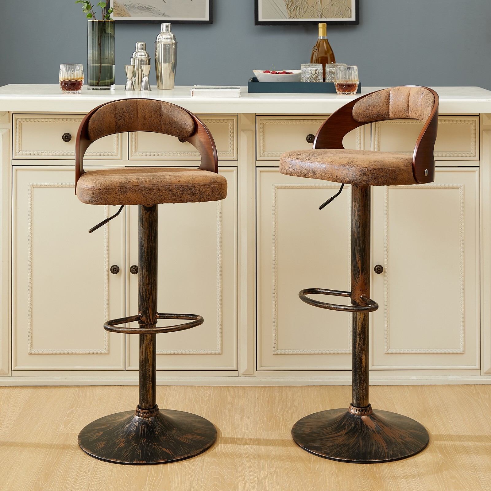 Bar Stools Set of 2 PU Leather Cushion Seat Adjustable Height Swivel Bar Chairs
