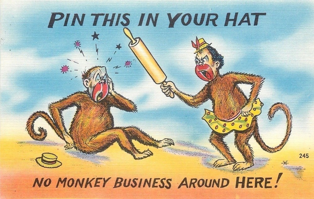 Comic~Monkey Couple~Rolling Pin~No Monkey Business~1940s Linen PC