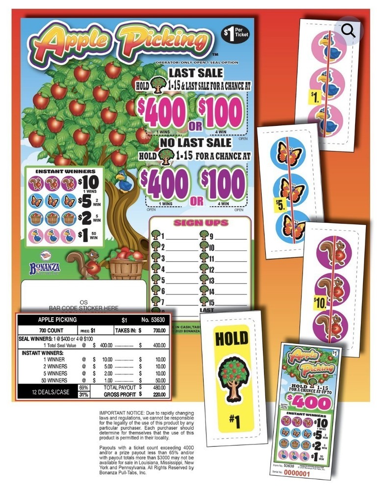 Pull Tab Tickets - Hard Card - Game - Holder - Apple Picking - 728 ct