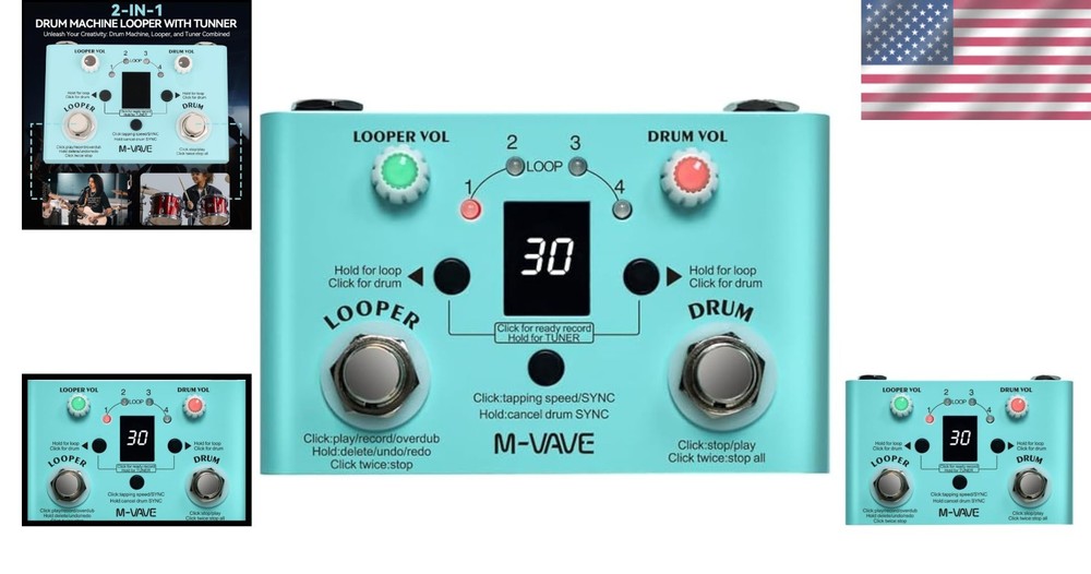 Looper Pedal Drum Machine with Tuner 11-Minute Loop, 30 Preset Drum Patterns,...