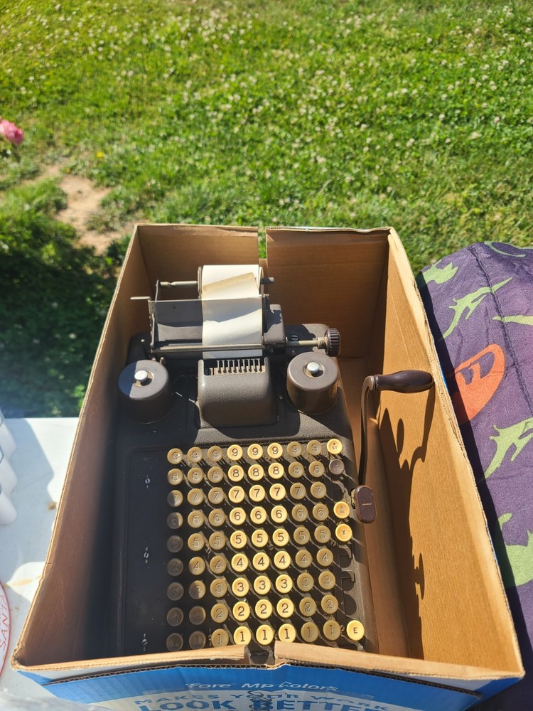 Antique Mechanical Adding Machine with Lever and Paper Roll