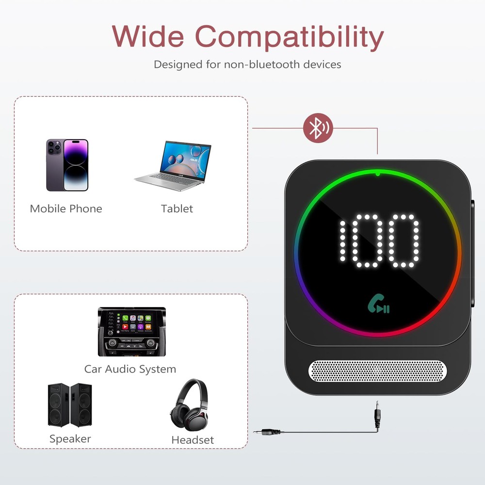 Bluetooth 5.3 AUX Adapter for Car, Wireless Bluetooth Audio Receiver, Noise C...