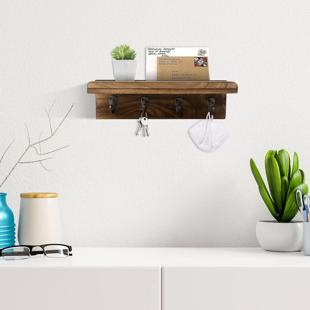 Rustic Wall Key Holder with 4 Hooks & Floating Shelf for Elegant Organization