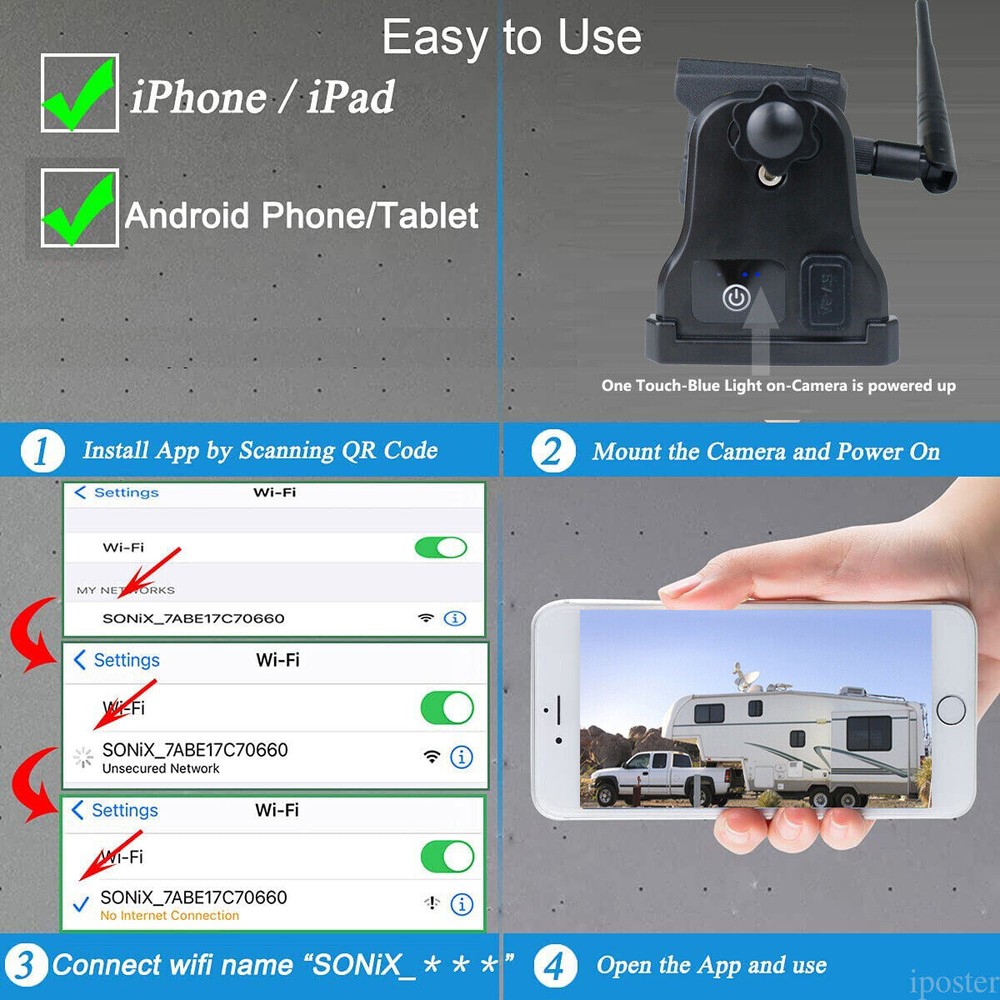 WiFi Backup Camera Magnetic Base Battery Powered Sonix App HD For iPhone/Android